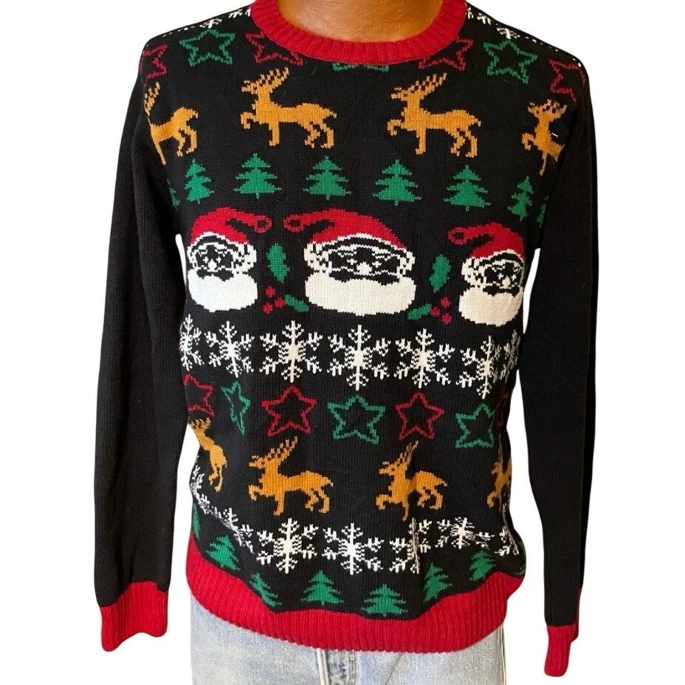 Ugly Christmas Sweater‎ Santa Reindeer Fair Isle Black Red Knit Unisex Small